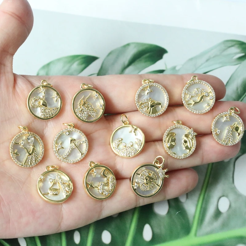 

12 Constellation Amulet Pendant Necklace Trendy Gold Color Natural MOP Shell Round Zirconia Charm for Women Girl Fashion Jewelry