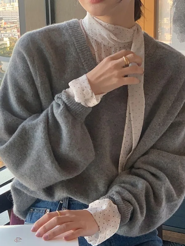 قميص أنيق ربيعي لطيف بياقة واقفة وتصميم كتلة الألوان فضفاض بأكمام طويلة قميص علوي بنمط منقط موضة نسائية