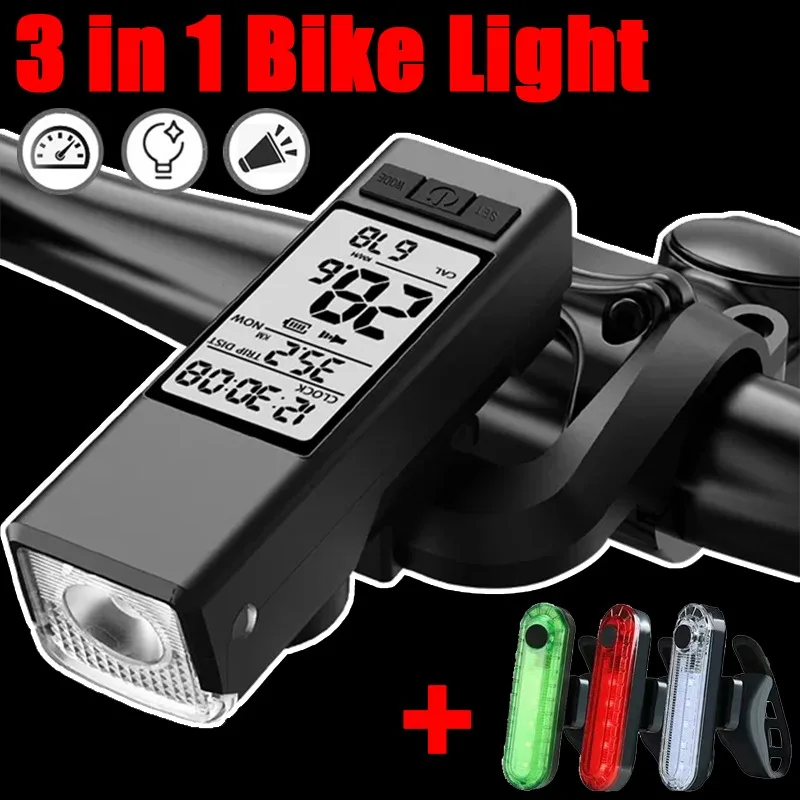 

Bicycle Headlight 3 in 1 Bicycle Wireless Computer Flashlight LED Bike Front Light Cycling Horn Waterproof Headlight Bike Lamp