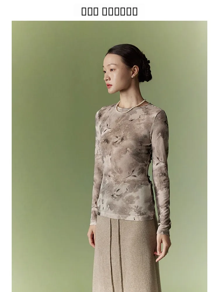 Nueva Camiseta China de Manga Larga con Estampado Floral, Mezcla de Fibra de Acetato XiaoDe MiYa, Poliéster y Lycra