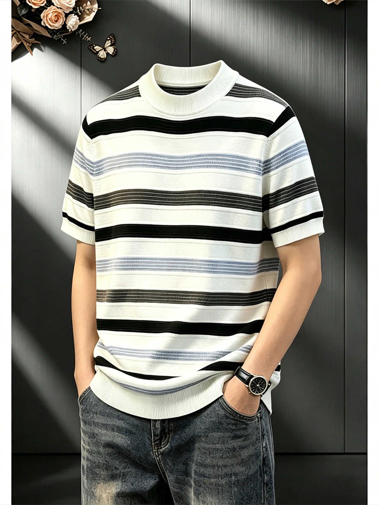 Summer Breathable Hollow out Knitted Short Sleeve round Neck T-Shirt Men's Striped Patchwork Lightweight Comfortable Casual Top