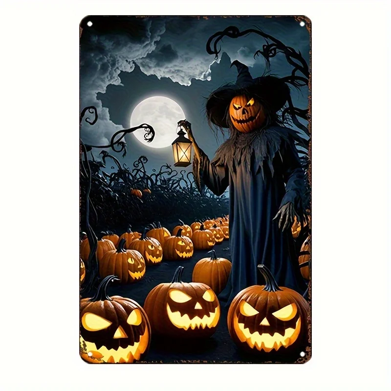 Vintage Halloween Tin Sign - Gothic Moonlit Pumpkin Patch Scene, Weather-Resistant Metal Wall Decor, Perfect for Home & Bar, Ga