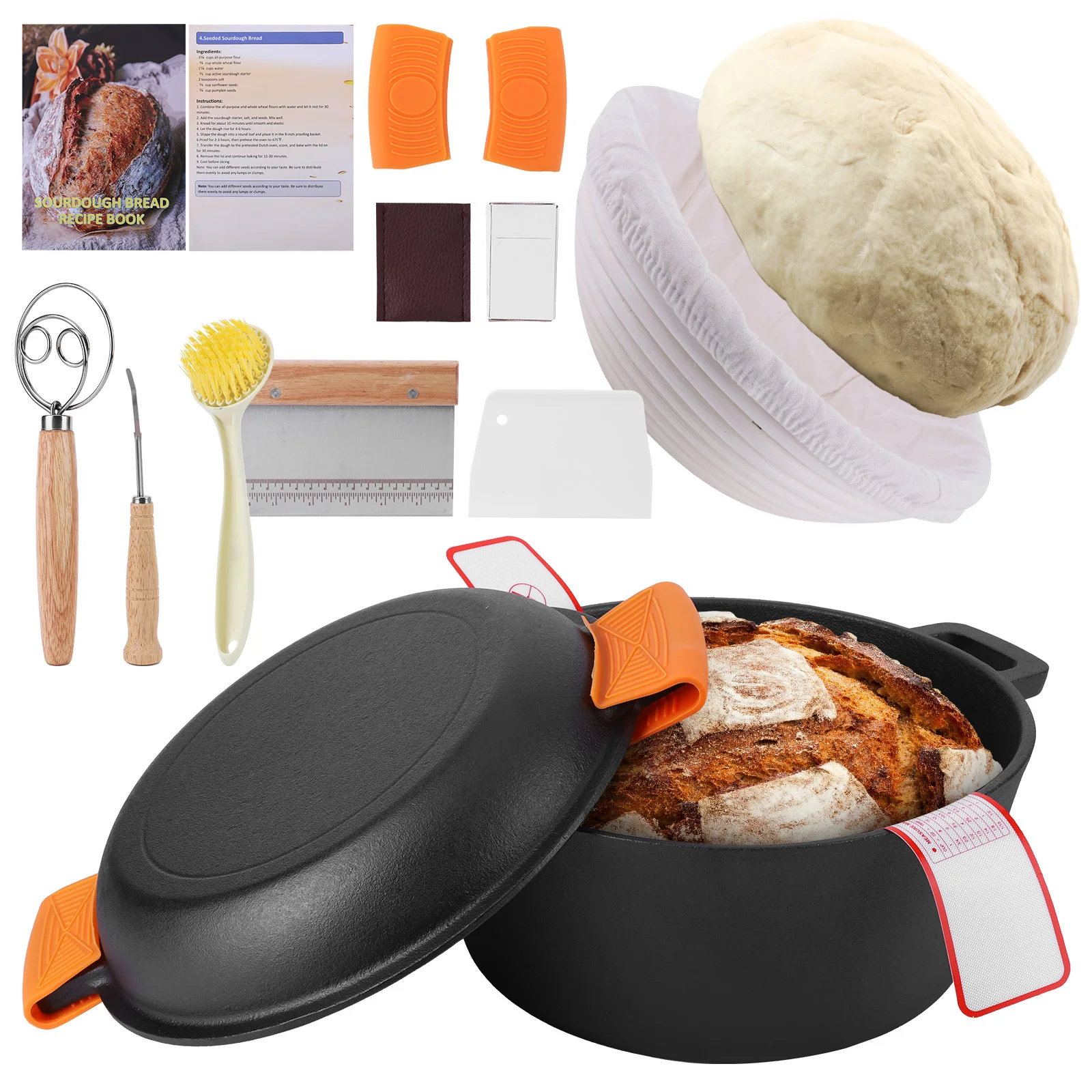 

Cast Iron Dutch Oven Set with Skillet Lid Sourdough Starter Oven Pot Kit Fermentation Basket Pot Set for Oven Stovetop BBQ Grill