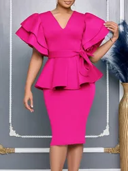 Plus Size Spring Summer New Solid Color Matching V-Neck Short Sleeves Fashion Commuting Slim Fit Midi Length Elegant Style Dress
