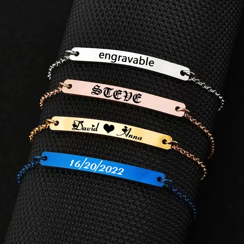 

NUOBING Custom Words Name Bar Nameplate Bracelet Stainless Steel For Men Women Adjustable Link Chain Engrave Jewelry Gift