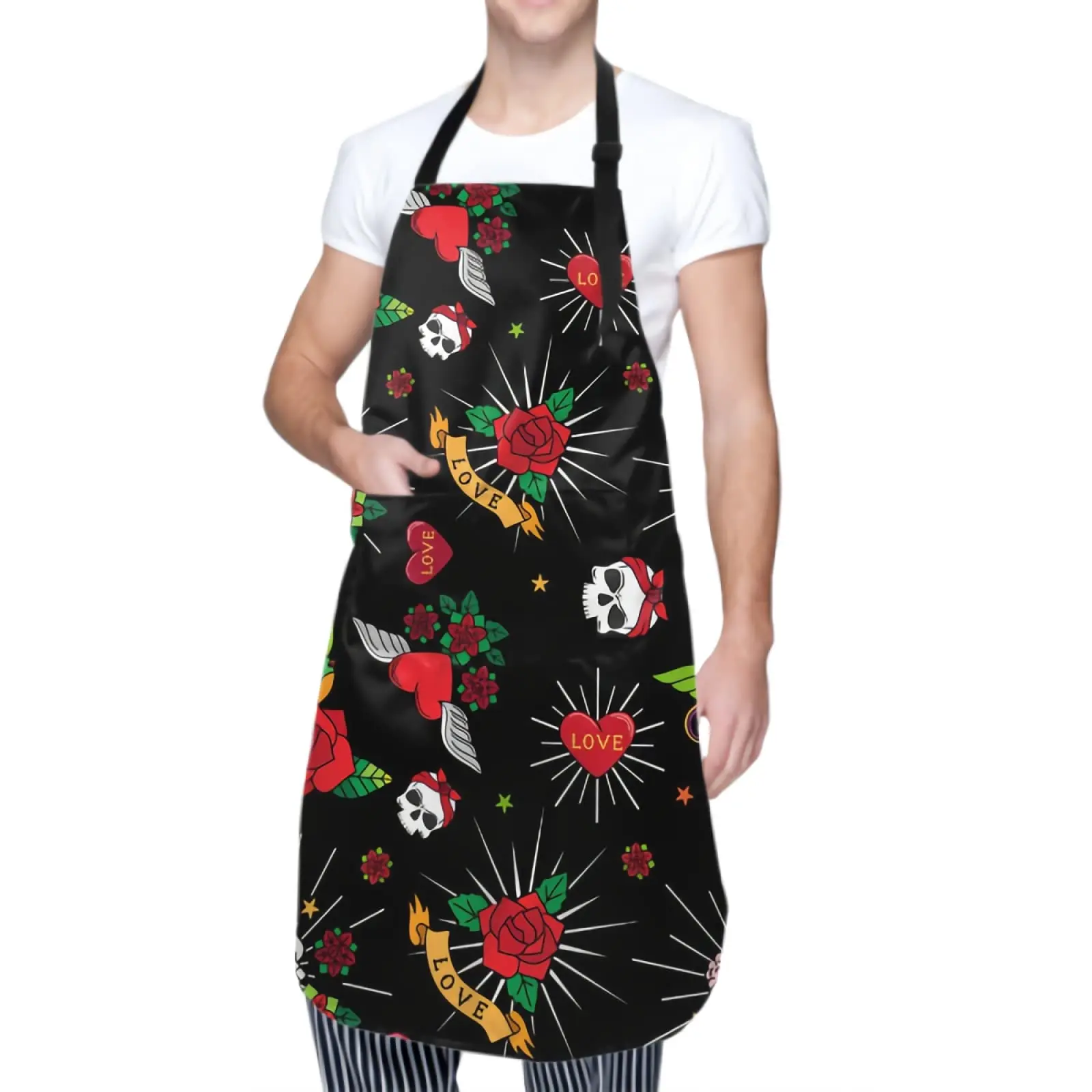 

Valentine's Day Old Fashioned Tattoo Kitchen Chef Apron - Skull Rose Love Apron Adjustable Cooking Gardening Apron