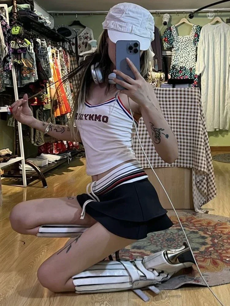 DEEPTOWN Y2k 2 Piece Sets Women Outfit Vintage Letter Print Vest Sexy Extreme Mini Skirt Coquette Two Piece Set Kpop Style