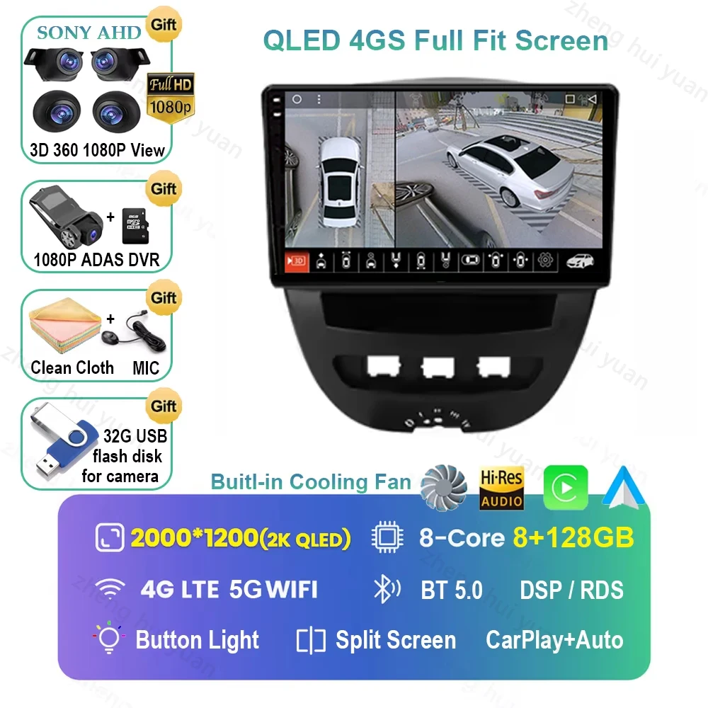 Voor Peugeot 107 Toyota Aygo Citroen C1 2005-2014 Android 16 Carplay & Auto Autoradio Navigatie Multimedia Stereo Speler BT QLED