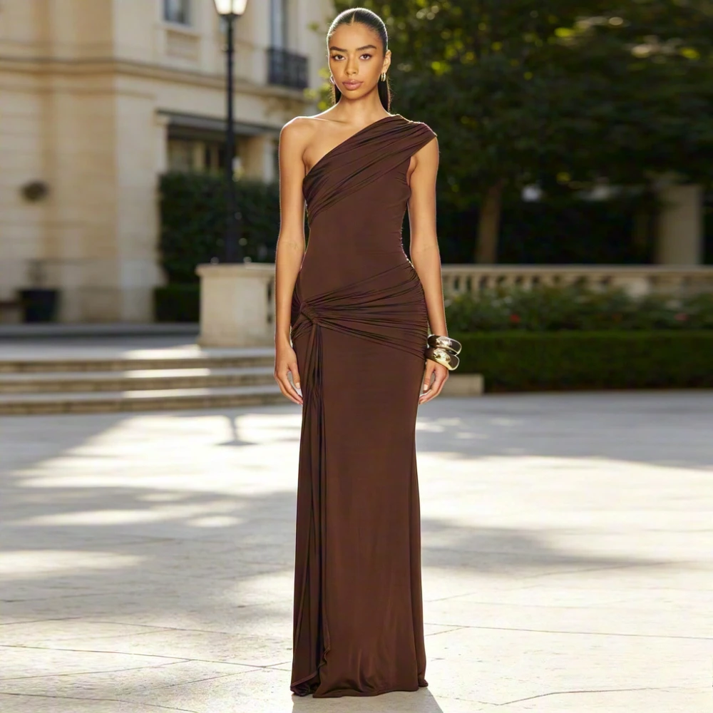 Customized Women's Sleeveless One Shoulder Jersey A-line Floor Length Prom Gowns Party Dress Simple Style Evening Dress New