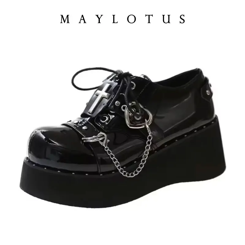 

Punk Style Shoes Woman Platform Heel Metal Rivet Dark Bat Fashion Trendy Women Wedge Bottom Burgundy School Student Shoes