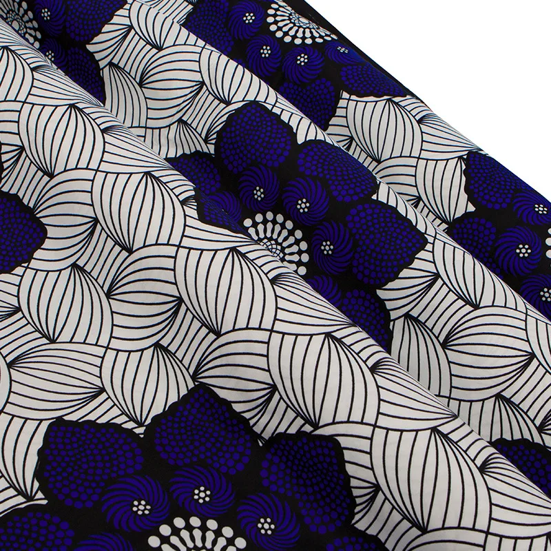 Tela de Ankara Whtie, Material de poliéster africano, estampado de flores azules, telas africanas para vestido, tela con estampado africano