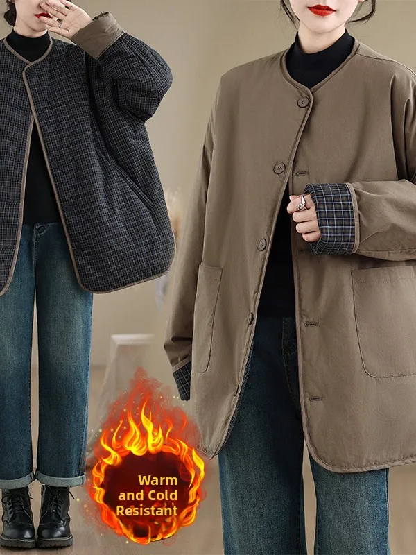 

Корейское японское брендовое хлопковое клетчатое двустороннее пальто средней длины, свободное хлопковое пальто больших размеров в стиле ретро