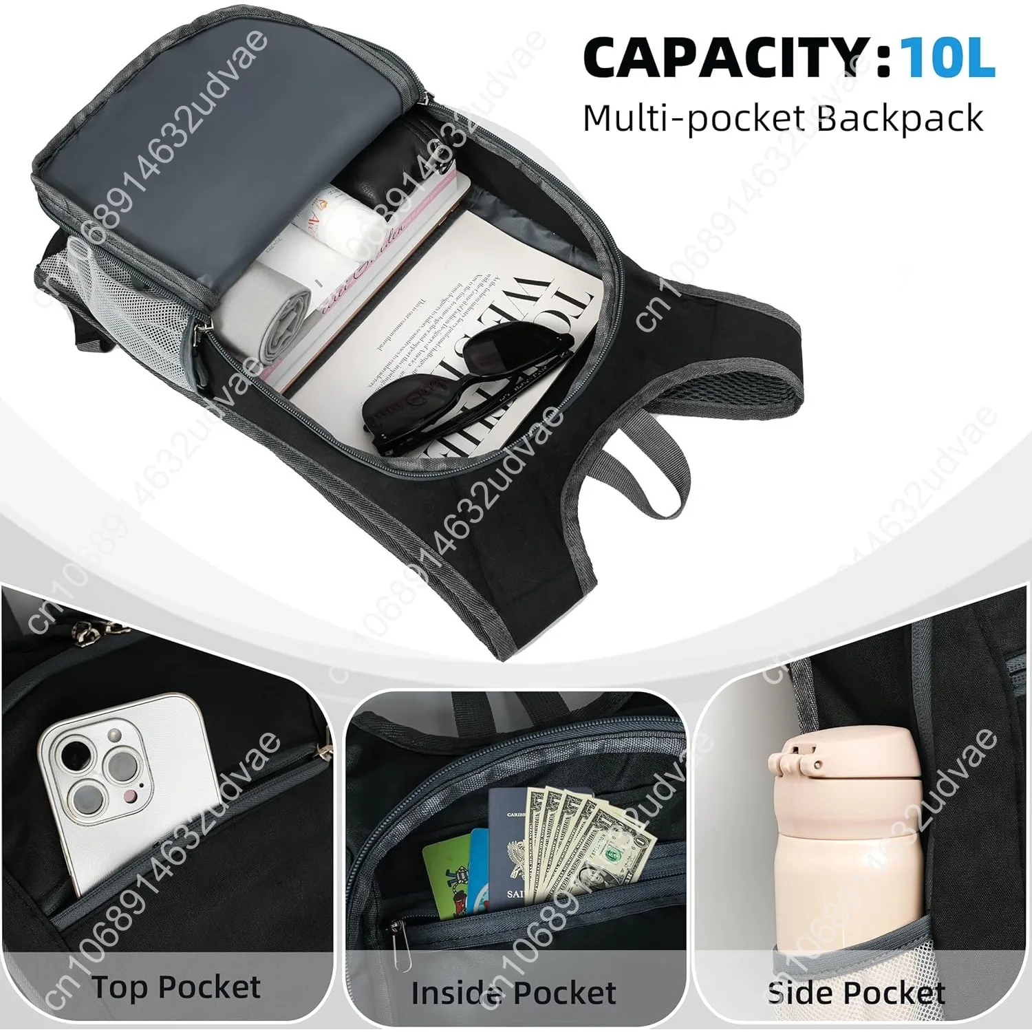 Small Travel Backpack - Lightweight & Foldable, 10L Capacity, Packable & Camping Hiking Daypack for Women & Men (Black)