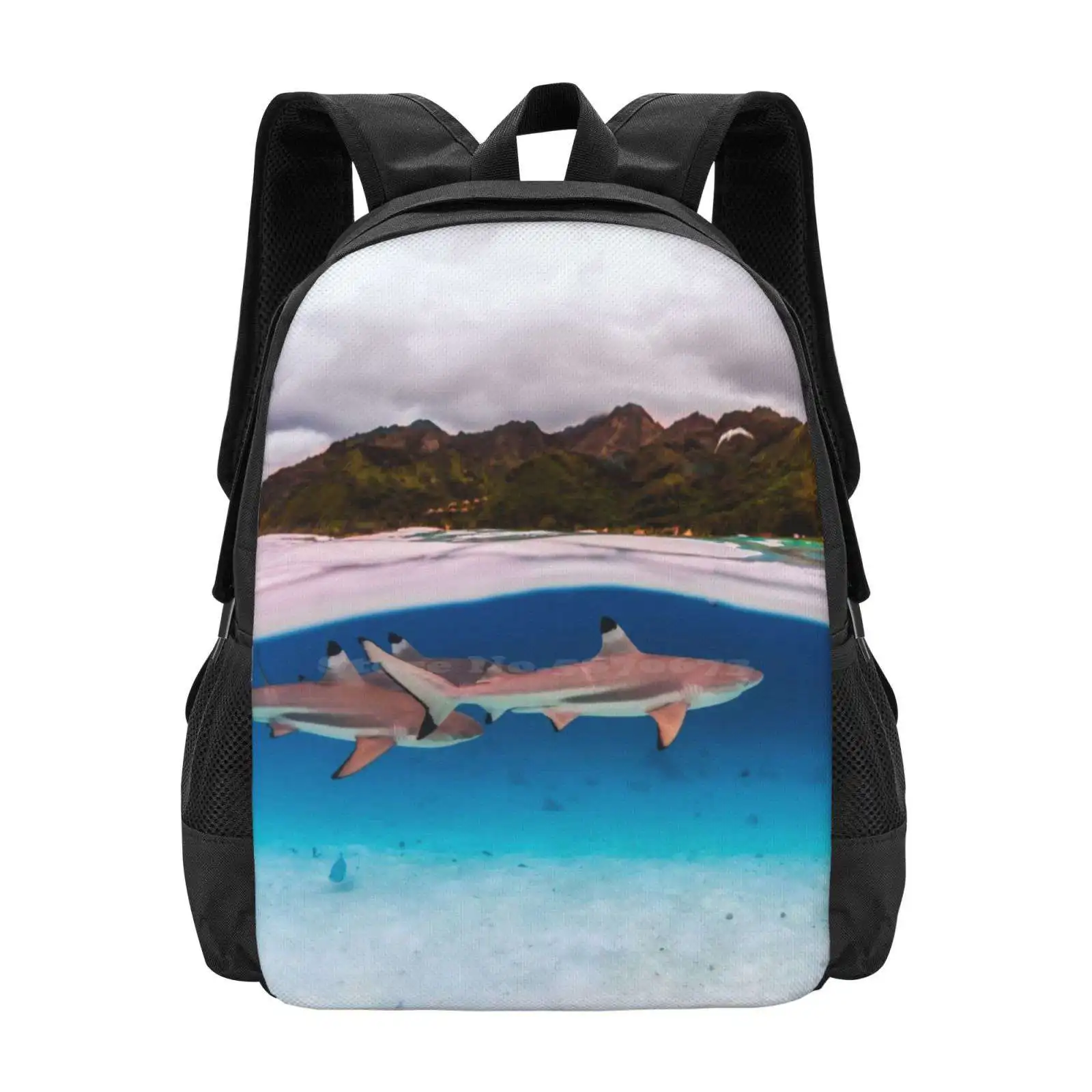 Reef Shark Hot Sale Schoolbag Backpack Fashion Bags Shark Tahiti Moorea French Polynesia Underwater Over Blue Resort Island