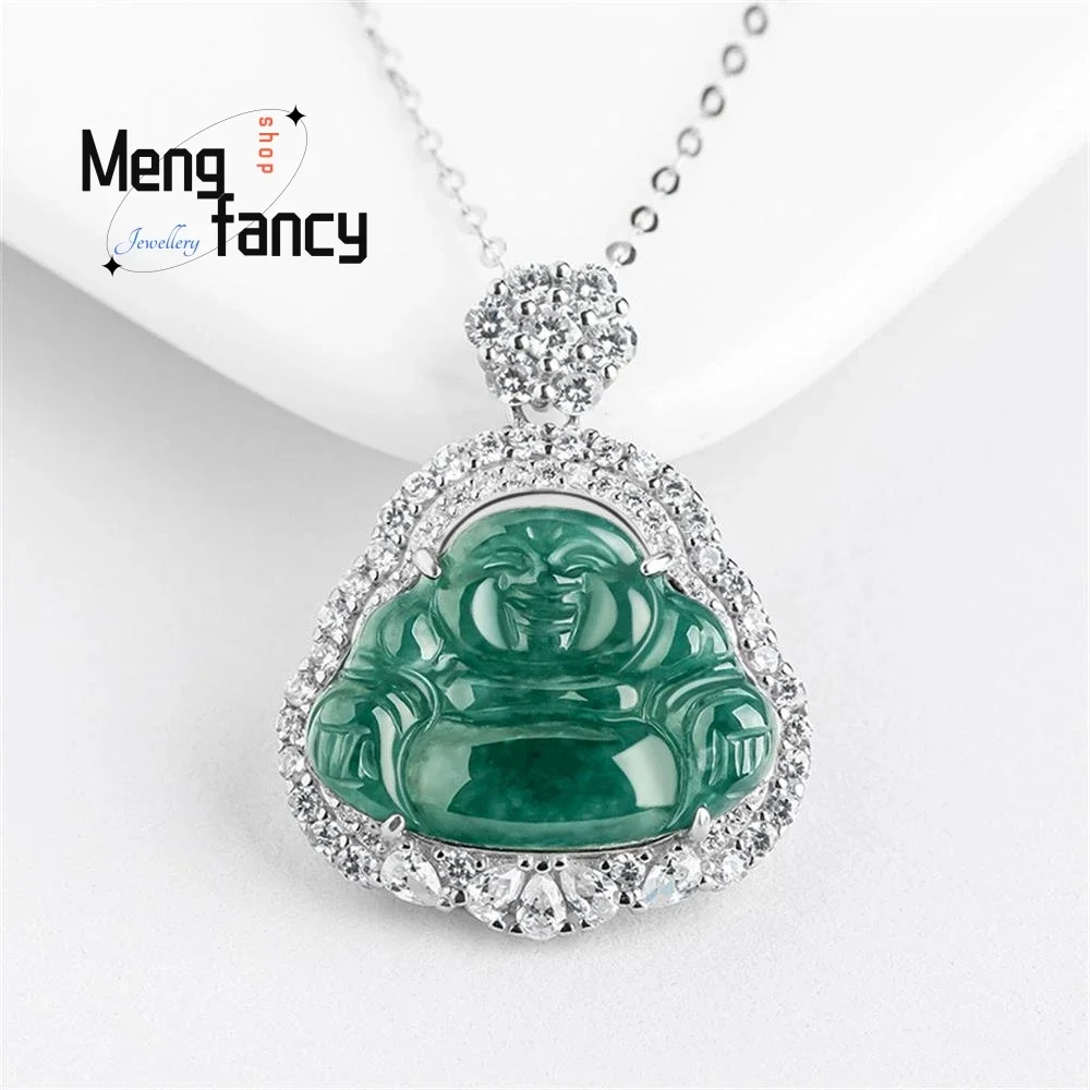 

Natural A-goods Jadeite Blue Water Maitreya Buddha S925 Silver Inlay Ice Jade Pendant Exquisite Luxury Quality Fashion Jewelry