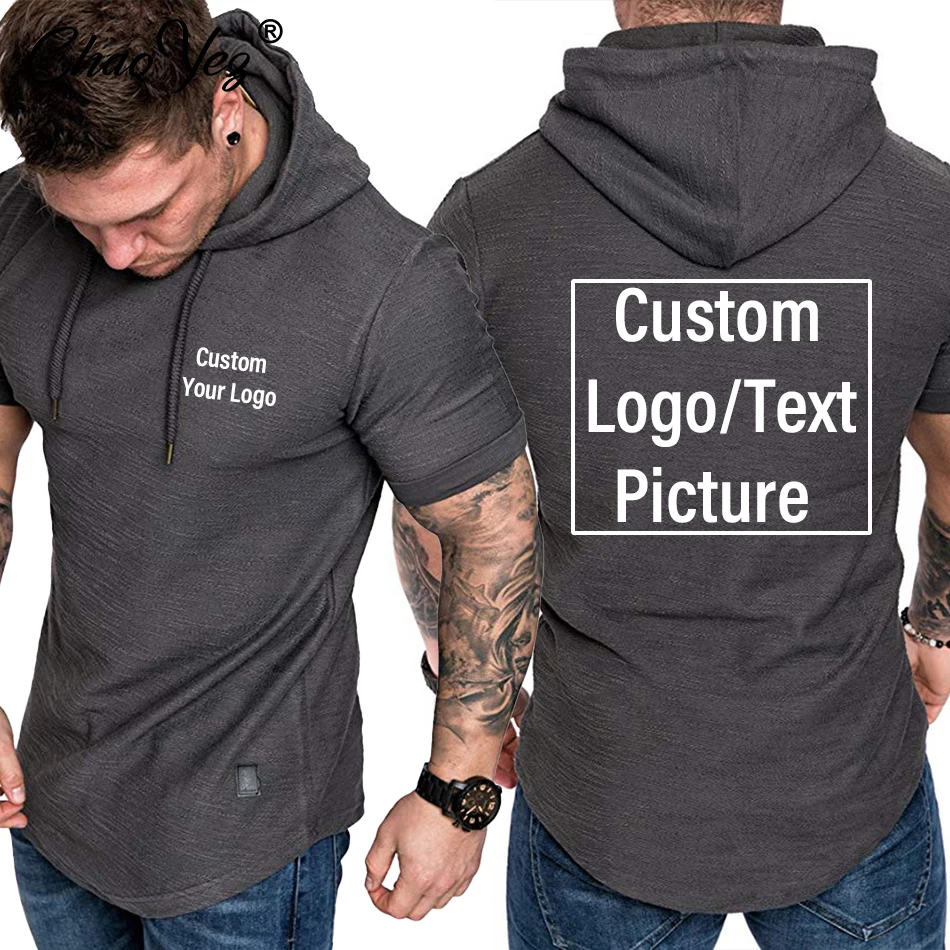 

DIY Logo Sport T shirt Short Sleeves for Men Brand Gym Clothing Men's Bodybuilding Hooded Short Sleeve Sweatshirt Fitness Top