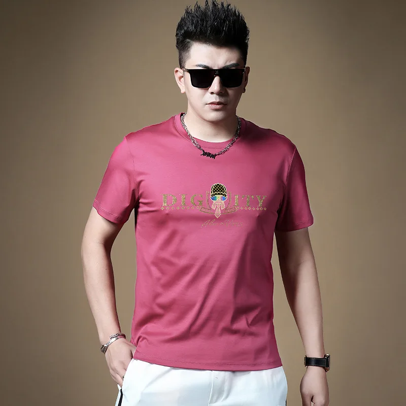 

Ice Silk ort Sve T-irt Men's Summer Thin Faion Rhinestone Thin Top Trendy Men's Summer Clothing round Ne Knitted F...