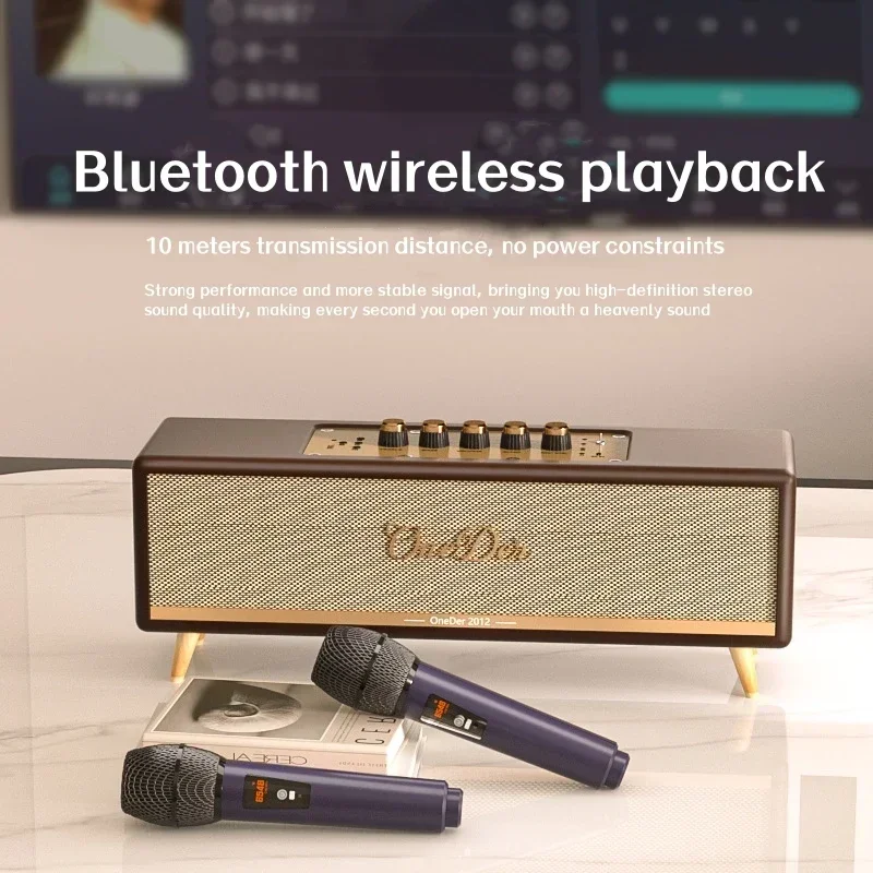 

Portable wooden retro wireless Bluetooth speaker home subwoofer karaoke set all-in-one machine with dual microphones HIFI sound