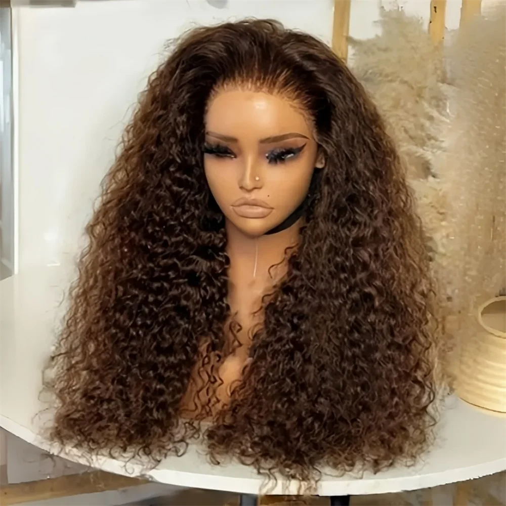 

Soft Glueless Preplucked 26inch 180Density Brown Kinky Curly Lace Front Wig For Women Natural Hairline Synthetic Baby Hair