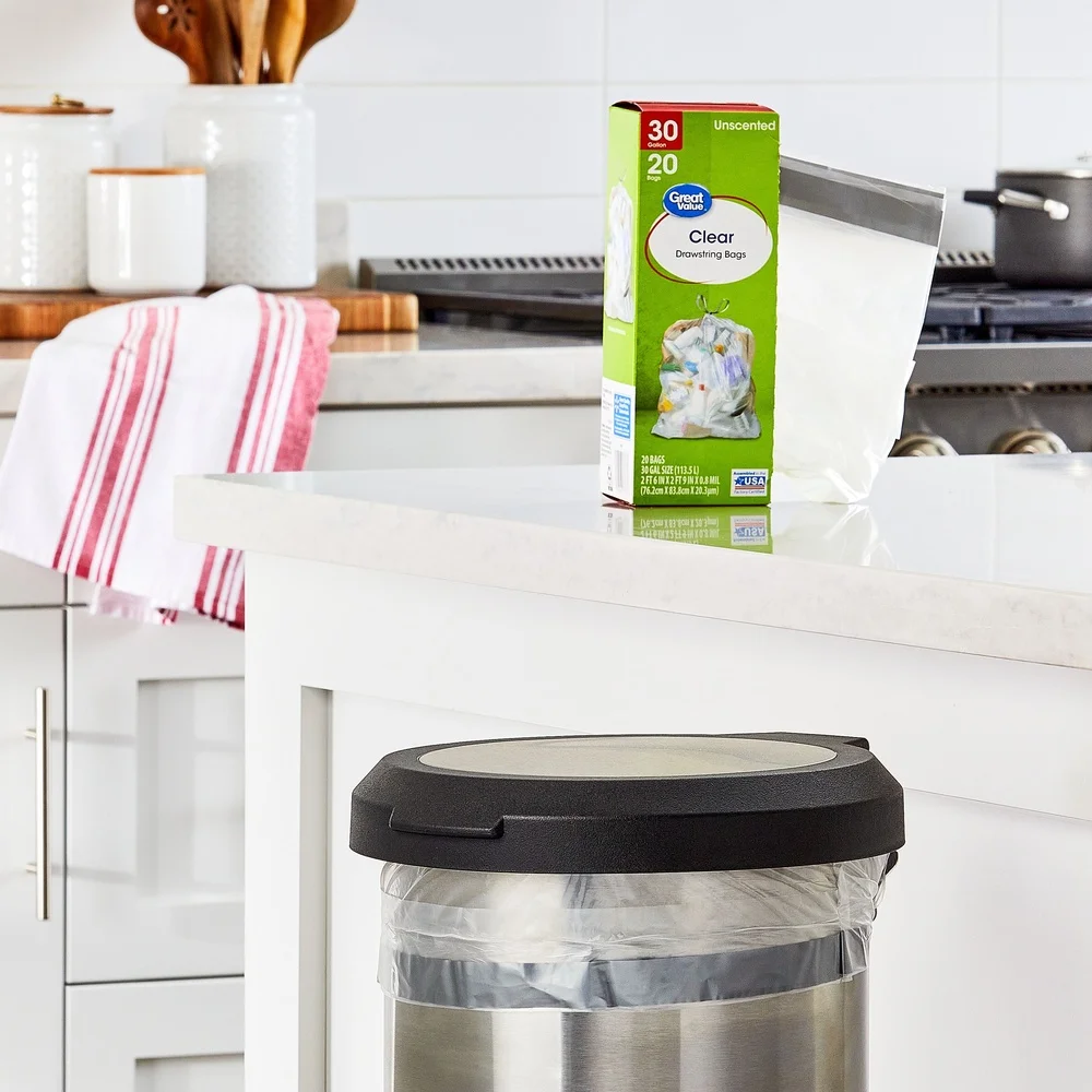 أكياس قمامة برباط شفاف سعة 30 جالونًا، عبوة من 20 كيسًا كبيرًا غير معطر، مقابض سهلة الحمل للاستخدام المنزلي في المرآب