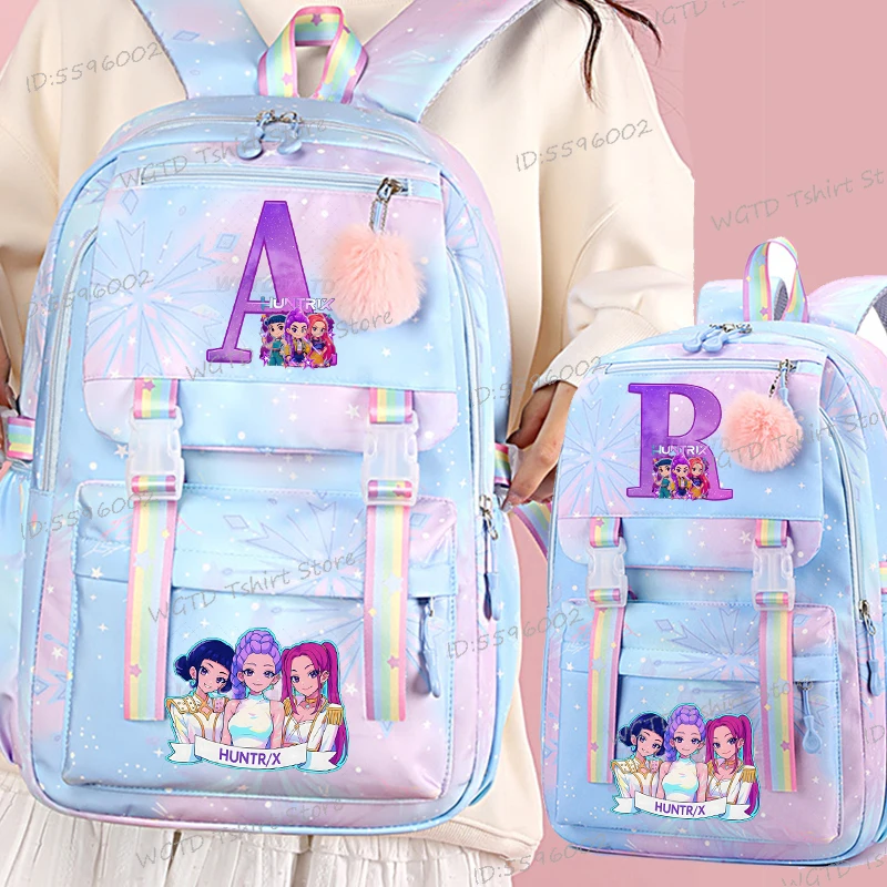 KPop デーモンハンターズ バックパック レター A-Z プリント ナップザック ファッション ブックバッグ ホットムービーガール 大容量リュックサック 学生スクールバッグ