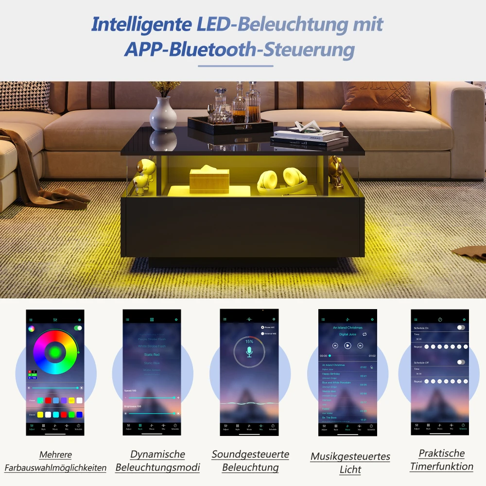Modernes LED-Couchtisch Kaffeetisch 70*70*41 سم mit 2 Schubladed und transparentem معالجة - Belastbar bis 30 كجم،