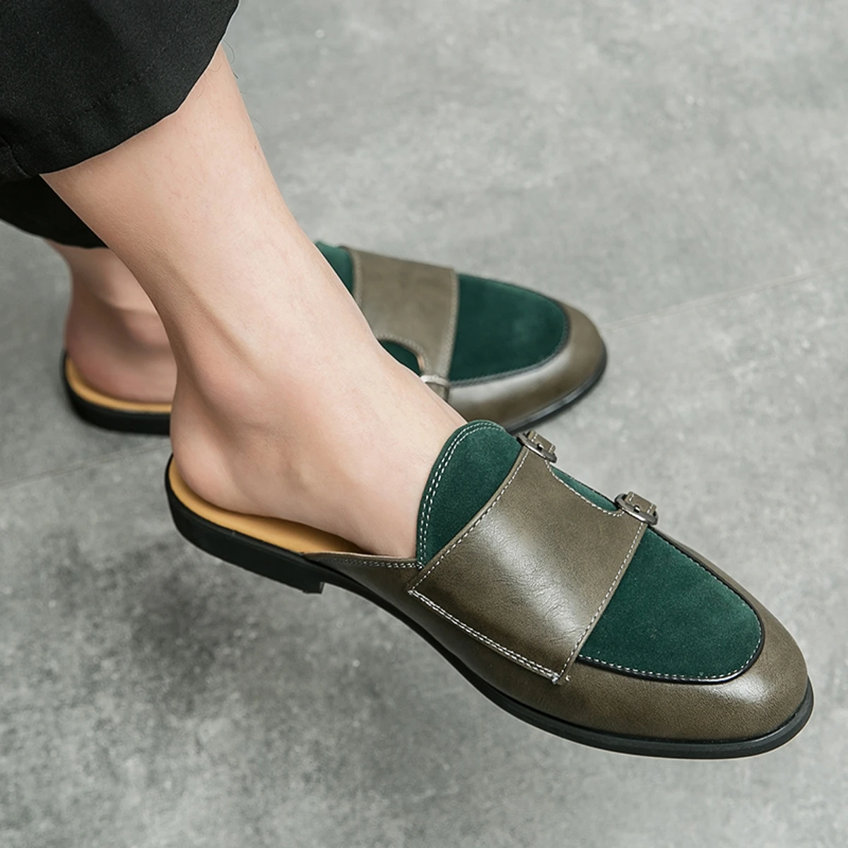 Men Fashionable Half-heeled Leather Shoes Casual Comfortable Bean Shoes Lazy Business Sandals From The United States Sizes 38-46