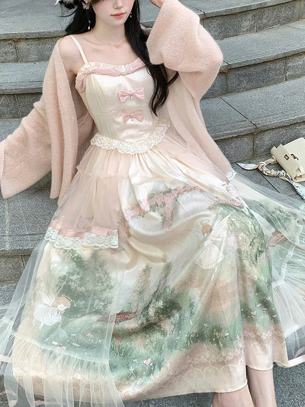 Tamanho grande feminino impressão gaze doce arco slash neck suspender vestido primavera outono cintura alta a linha festa princesa bolo vestidos