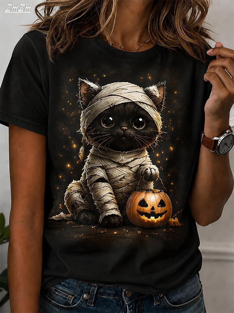 2026 Halloween Women's T Shirt Print Graphic Cat Pumpkin Vintage Stylish Classic Short Sleeve Crew Neck Round Regular Tops