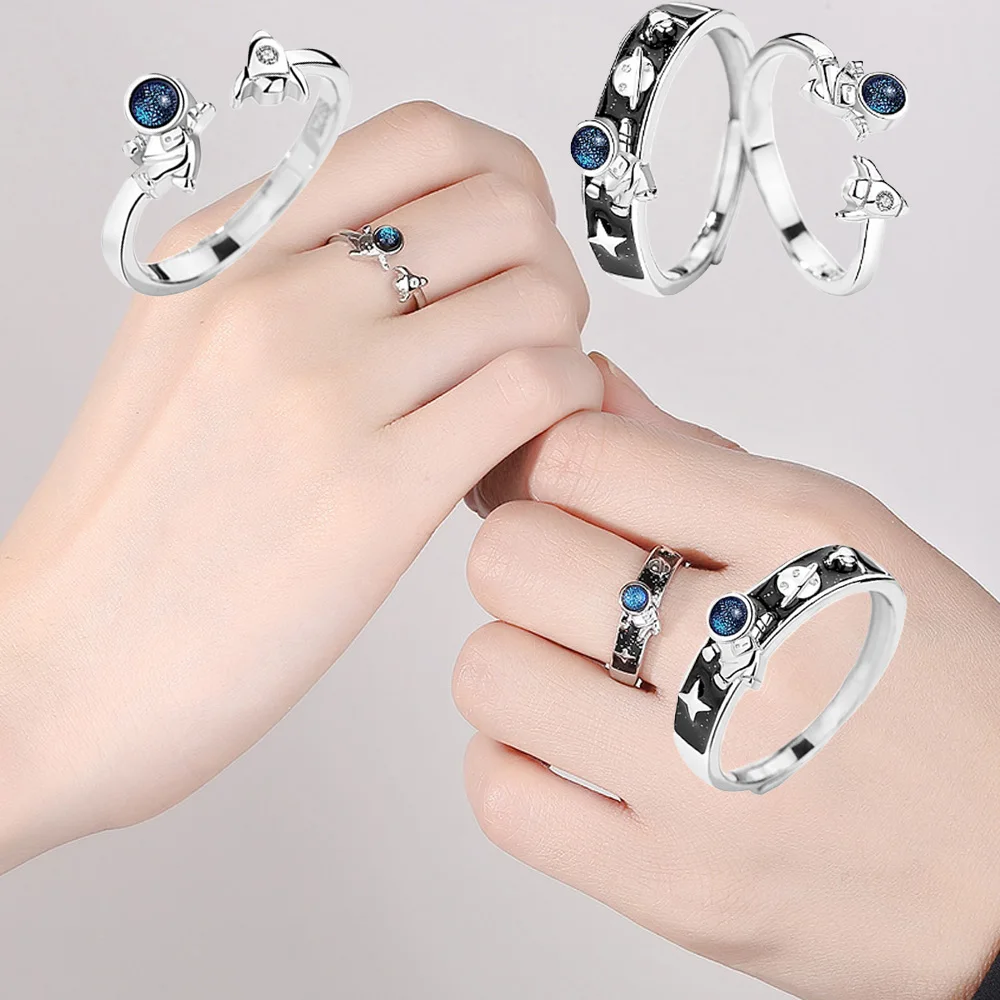 Spaceman Astronauts Couple Ring Copper Plated Platinum Glass Azure Stone Overlap Open Jewelry Valentine's Day Gift Drop Shipping