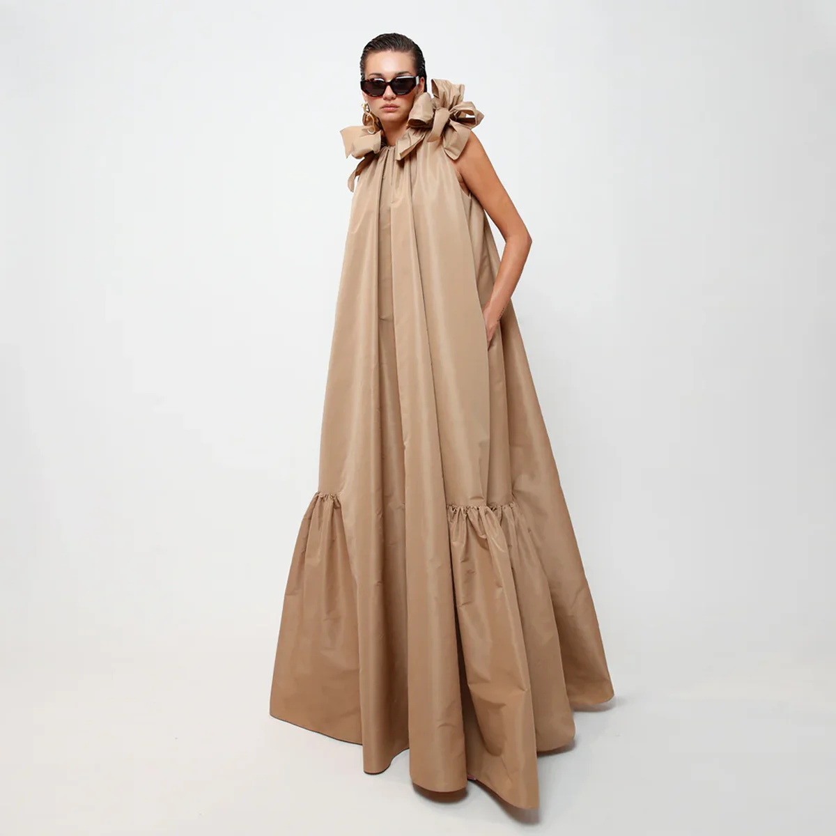 Gorgeous Silk Taffeta Caftan Maxi Dress Puff Sleeves Big Bow Khaki Evening Dresses Oversize فساتين للحفلات الراقصة Formal Gowns