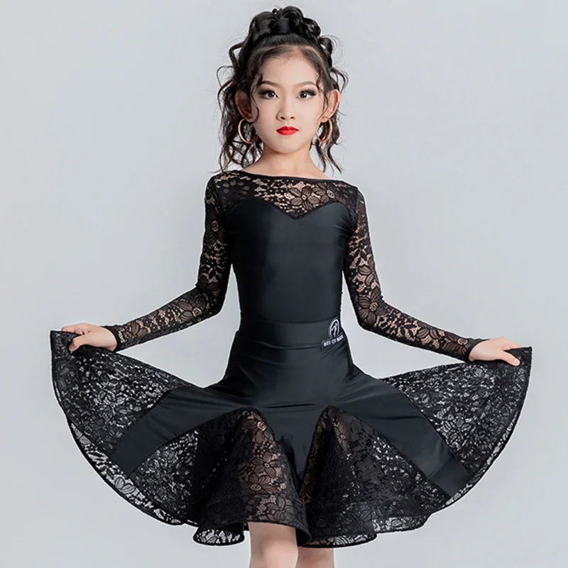 

Black Lace Long Sleeves Dress For Girls Dance Clothes Rumba Ballroom Dance Competition Clothing Kids Latin Dance Dress