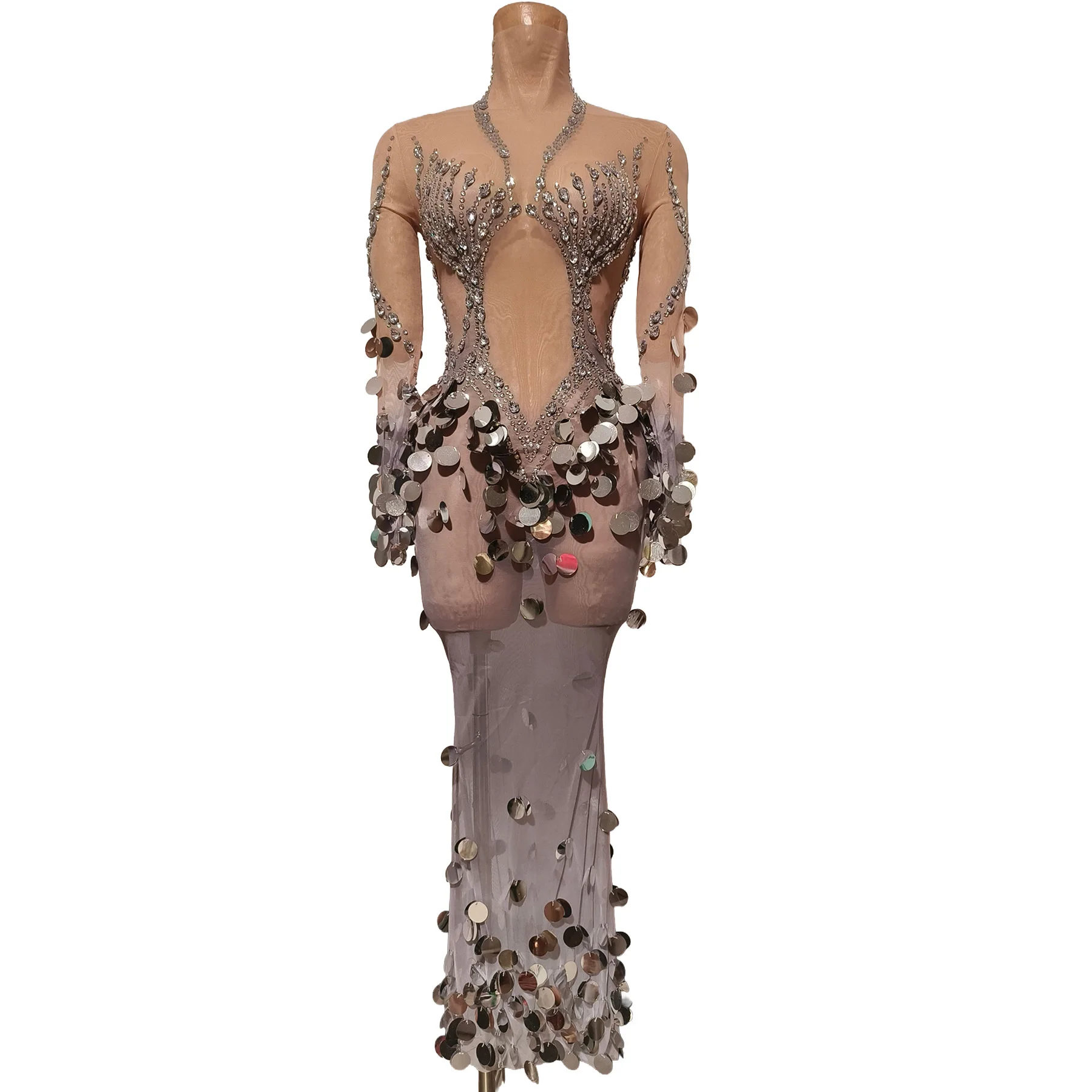 Jiubei Luxury Silver Rhinestone Mirror Disc Sequin Mesh Gown High Neck Long Sleeve Women Singer Stage Performance Costume
