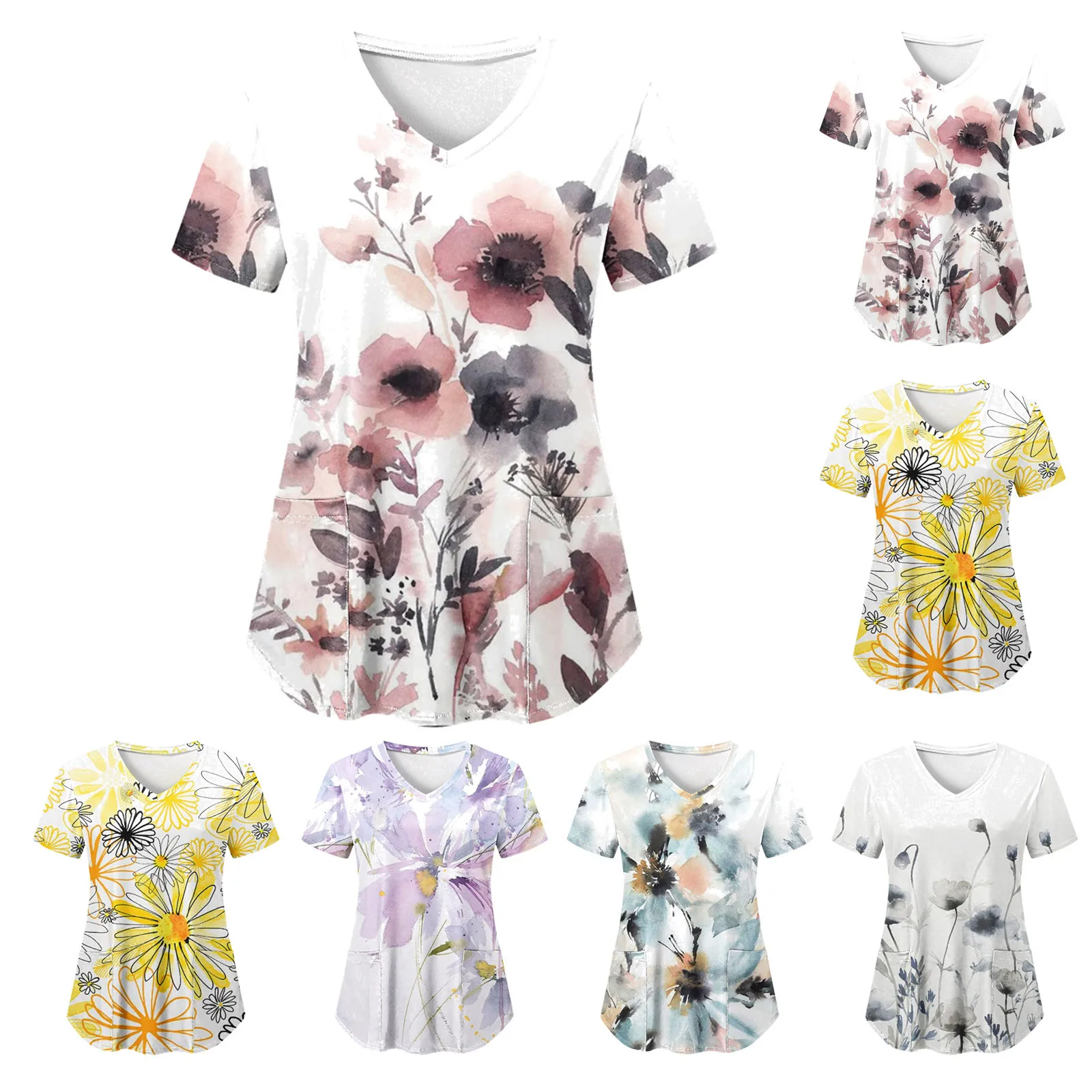 Flower Print Nursing Scrubs Tops Women Short Sleeve Working Uniform Blouse Nurses Tunic Uniform Nursing Clothes White Shirts