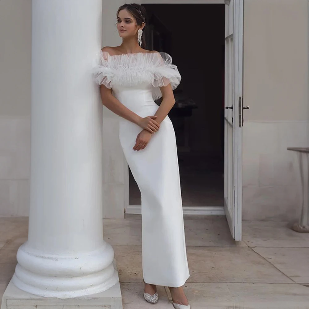 

Elegant Boat Collar Satin Wedding Dress with Tulle Cape for Women Sheath Long Backless Wedding Party Gowns Customized