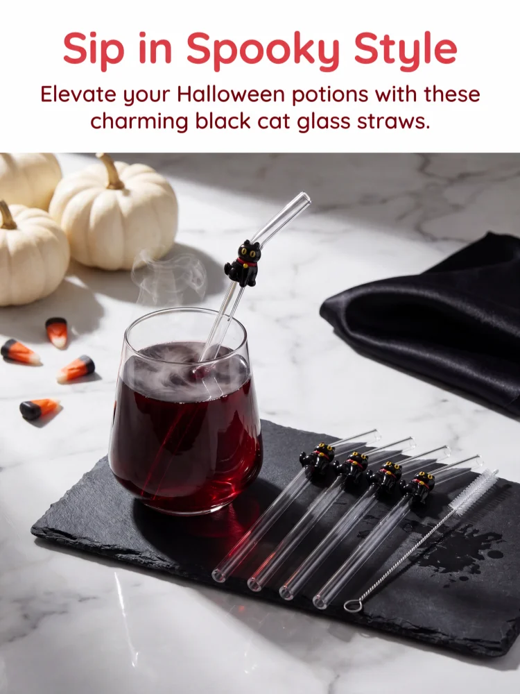 3/5/7PCS Glass Straw  Curved Black Cat Ornament, Party Table Decor, Holiday Presents for Friends & Household