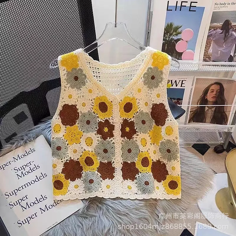 

Granny Square Crochet Top for Women Sheer Openwork Knit Blouse Sleeveless Button-up Crop Cover-up Boho Vacation Outfit