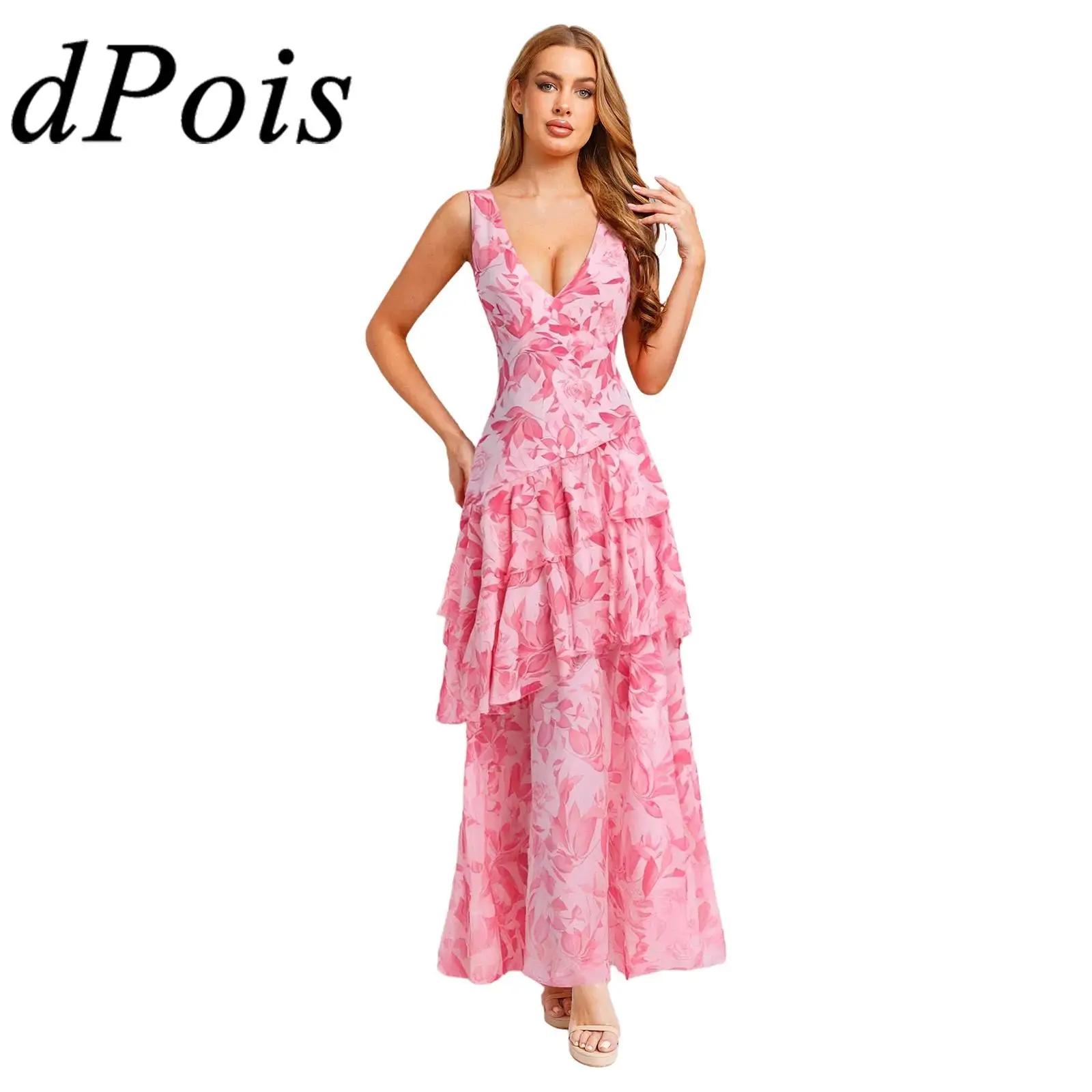 فساتين نسائية صيفية بوهو فستان صيفي مطبوع عليه زهور ورقبة على شكل V بدون أكمام مفتوح الظهر من الشيفون فستان ماكسي ملابس بحر لقضاء عطلة استوائية