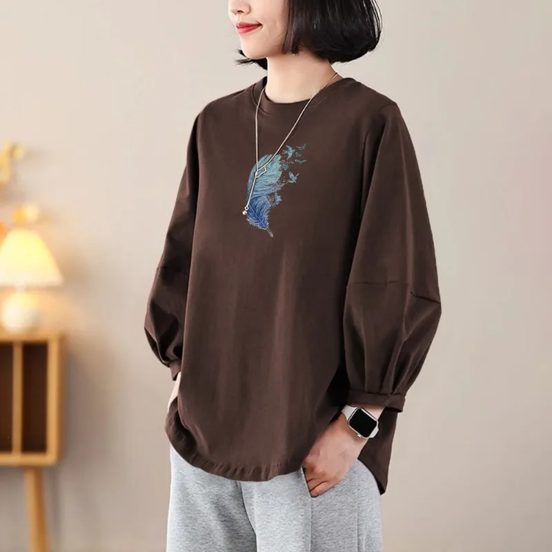 Modna koszulka damska z czystej bawełny z rękawami typu lampion, uniwersalna, luźna bluzka na jesień, nowy nadruk, styl zachodni.