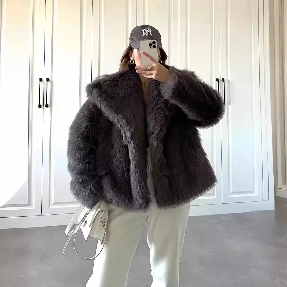 

KIDCRKJ Winter Women's Artificial Fur Coat Fluffy Collar Solid Colored Eco Fur Jacket For Lady Thickened Female's Faxu Fur Coat