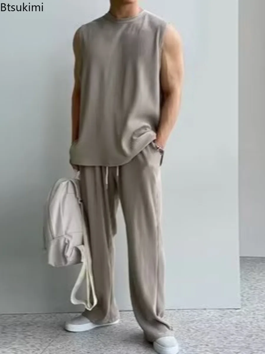 

Summer Ice Silk Sets Men's Solid Casual Tracksuits Fashion Sleeveless T-shirt and Pants Two Piece Set Men Sports Fitness Outfits