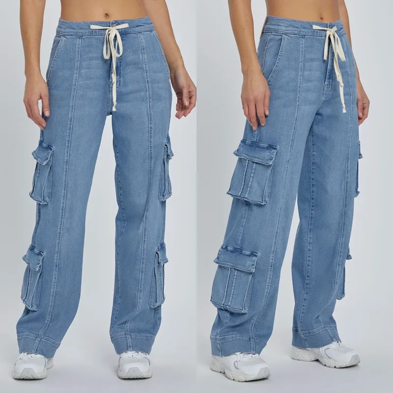 2026 Four Seasons' New Street Fashion Washed Workwear Jeans. Women's Multi-pocket Design Loose Casual Lace-up Wide-leg Jeans