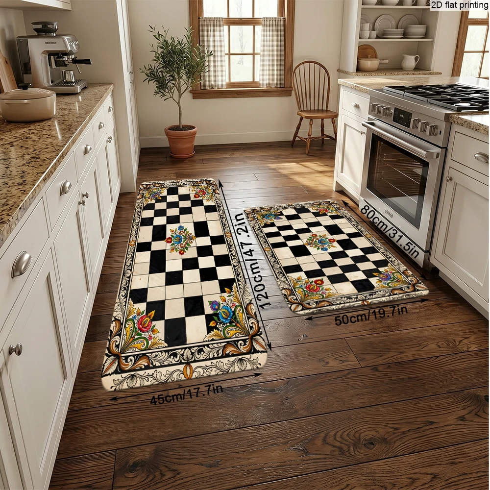 Tapis de sol de cuisine à carreaux floraux de style européen rétro, tapis antidérapant résistant à la saleté pour la maison, disponible en plusieurs tailles, tapis de porte pour chambre à coucher, chevet, salon, entrée, facile à nettoyer, tapis décoratif résistant à l'usure, adapté à divers styles d'aménagement intérieur.