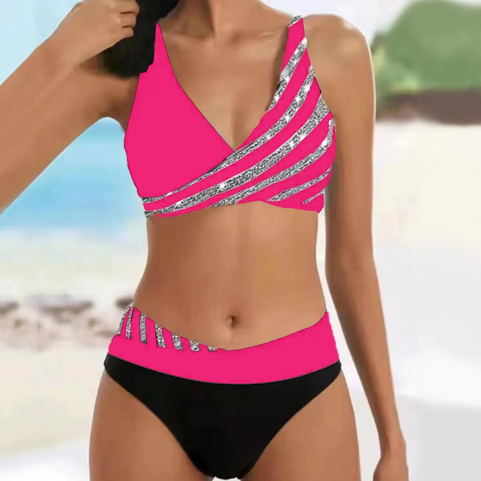 Damen Jugend stilvolle Bikini Bade bekleidung glänzend gestreifte Patchwork Farbe Kontrast Tankini Badeanzug Urlaub Urlaub Reise Strand kleidung