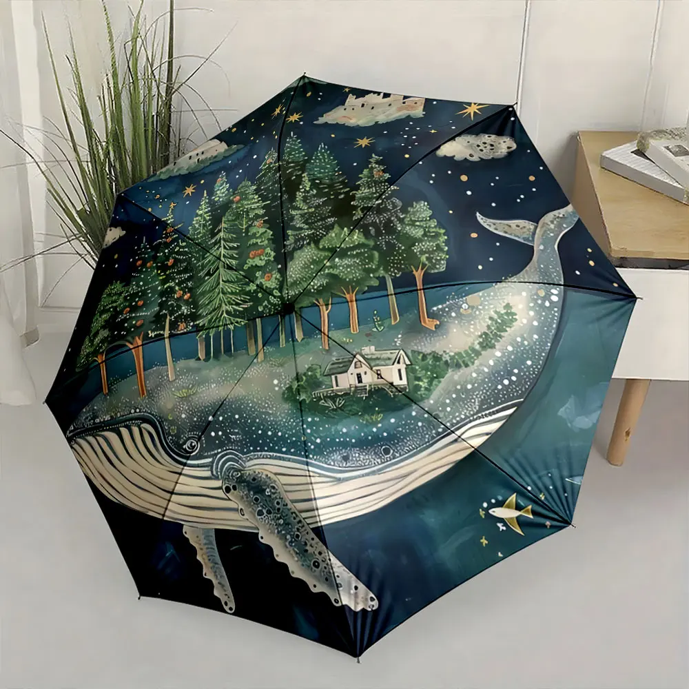 Dreamy Whale Fantasy Night Scene Umbrella Design Compact Fashion Folding Umbrella for Daily Use, Christmas Gift
