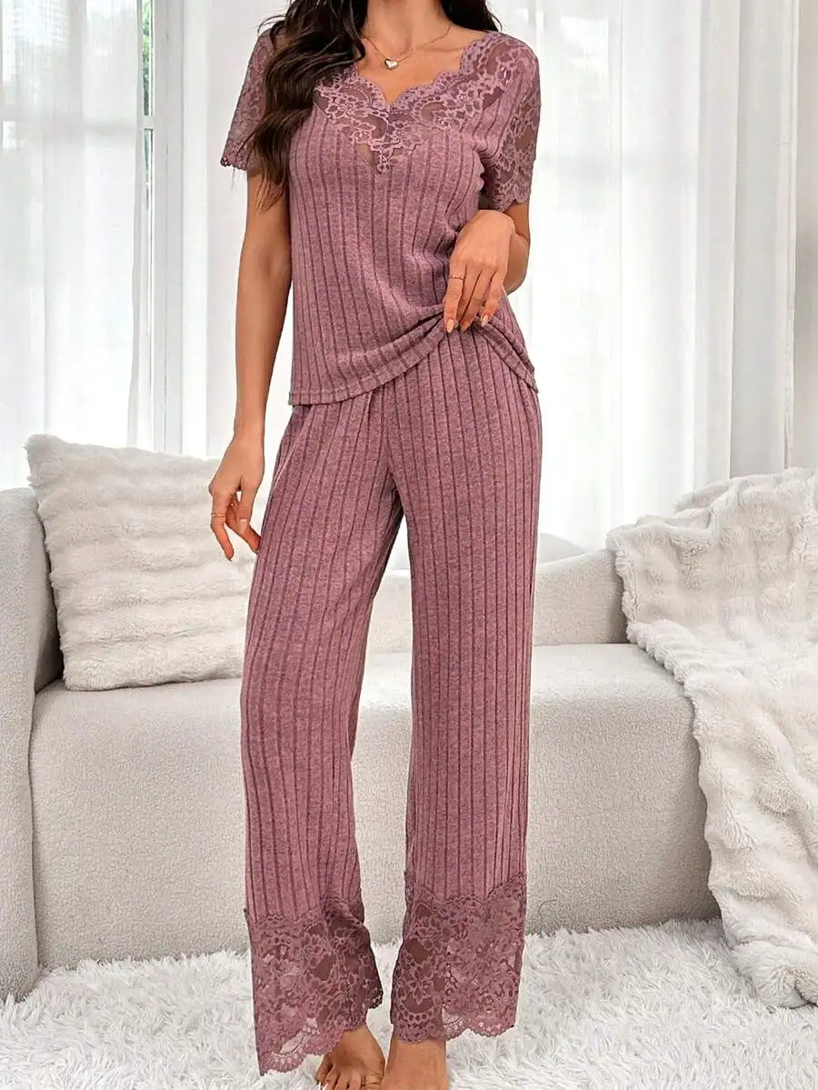 

Lace Trim Ribbed Knit Short Sleeve Pajama Set Women Lounge Wear