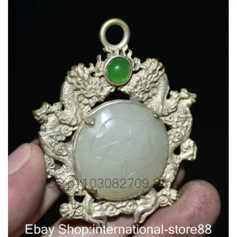 2.6 Inch Old Chinese Miao Silver Inlaid White Jade Gem Style Water Dragon Flower Pendant