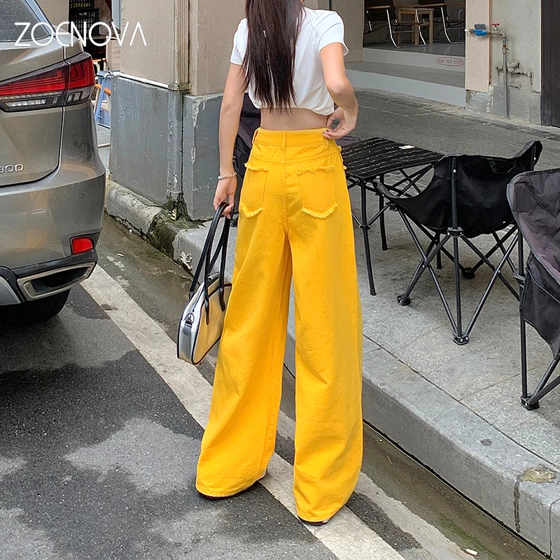 ZOENOVA American Street Fashion Y2K Lemon Yellow Casual Jeans Women Summer New Straight Loose Wide Leg Floor Length Denim Pants