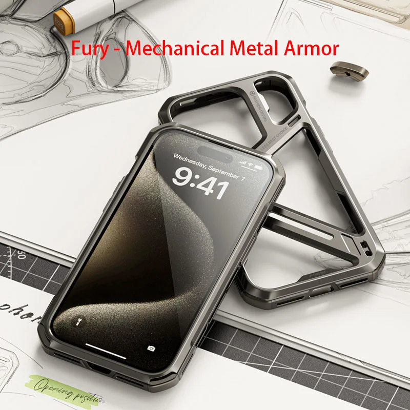 For iPhone 15 14 13 Pro Max Luxury Titanium Alloy Hollowed Out Shell Mechanical Metal Armor Shockproof Back Cover