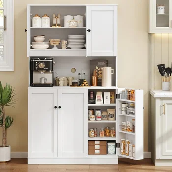 Image 71" Tall Kitchen Pantry Storage Cabinet with Microwave Stand & Door Shelf, Freestanding Kitchen Hutch with 6 Doors